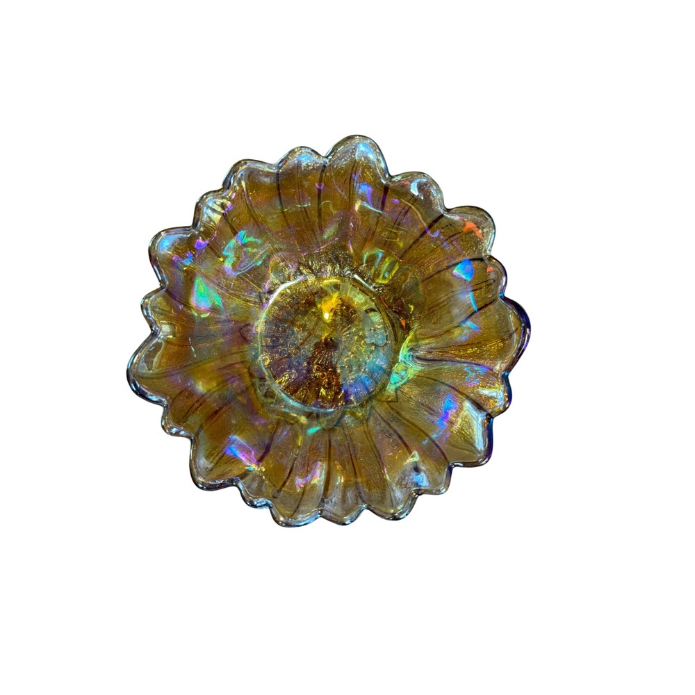 Amber Carnival Glass Sunflower Bowl Iridescent Marigold Scalloped Floral Dish 7"
